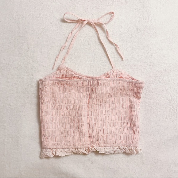Pastel Pink Japanese Kawaii Style Cottage Lace Ruffle Ribbon Halter Crop Top